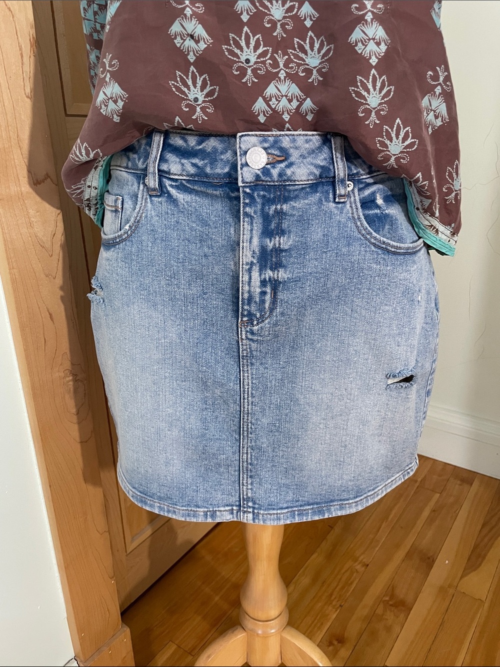 GARAGE Distressed Blue Jean Mini Skirt, Size L